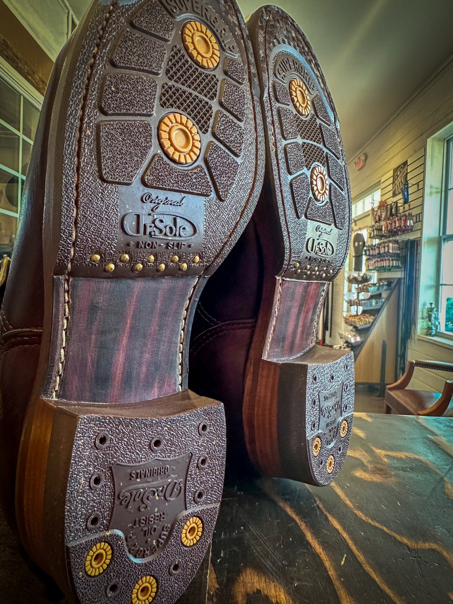 A pair of Chippewas Engineer Boots after being repaired with new Dr Sole Half Soles and Heels at The Boot Repair Shop