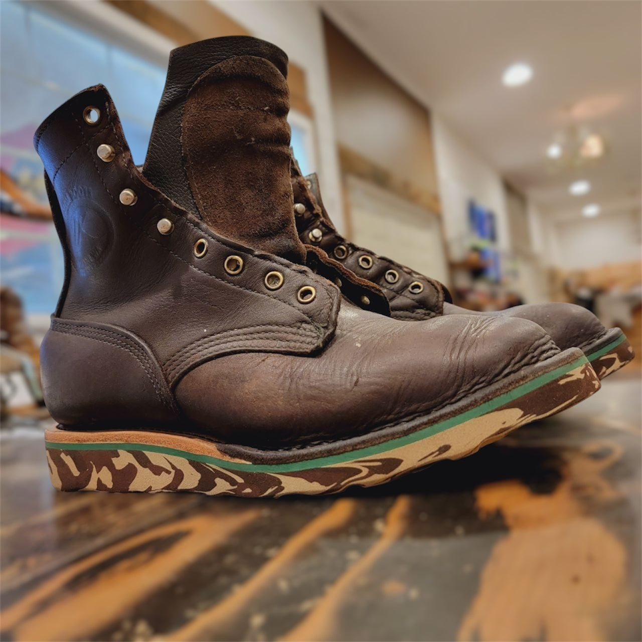 A pair of JK Boots resoled with new Vibram Wedge Soles