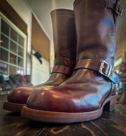 A pair of Chippewas Engineer Boots after being repaired with new Dr Sole Half Soles and Heels at The Boot Repair Shop 