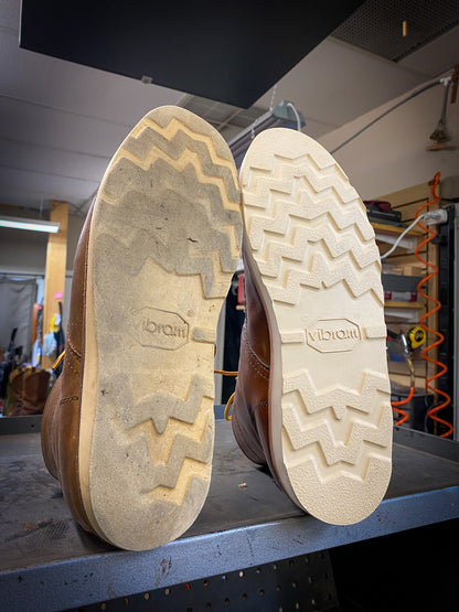 a pair of Thursday Boots before and after being repaired with new Vibram wedge soles at the boot repair center