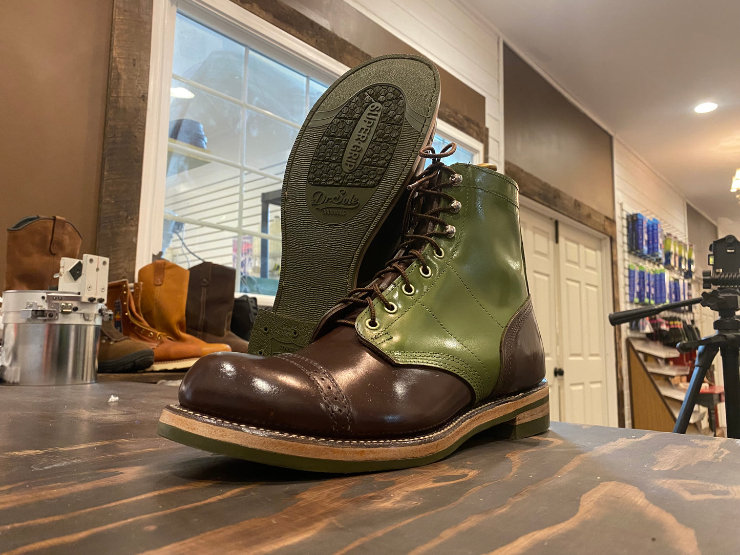 Custom Leather Boots with new Dr Sole Green Full Soles and Heels at the boot repair center