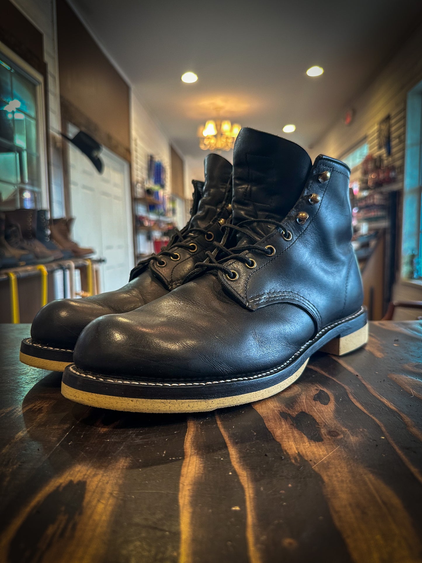 A pair of Redwing Boots repaired with new Cream Dr Sole Half Sole And Heels at the Boot repair center