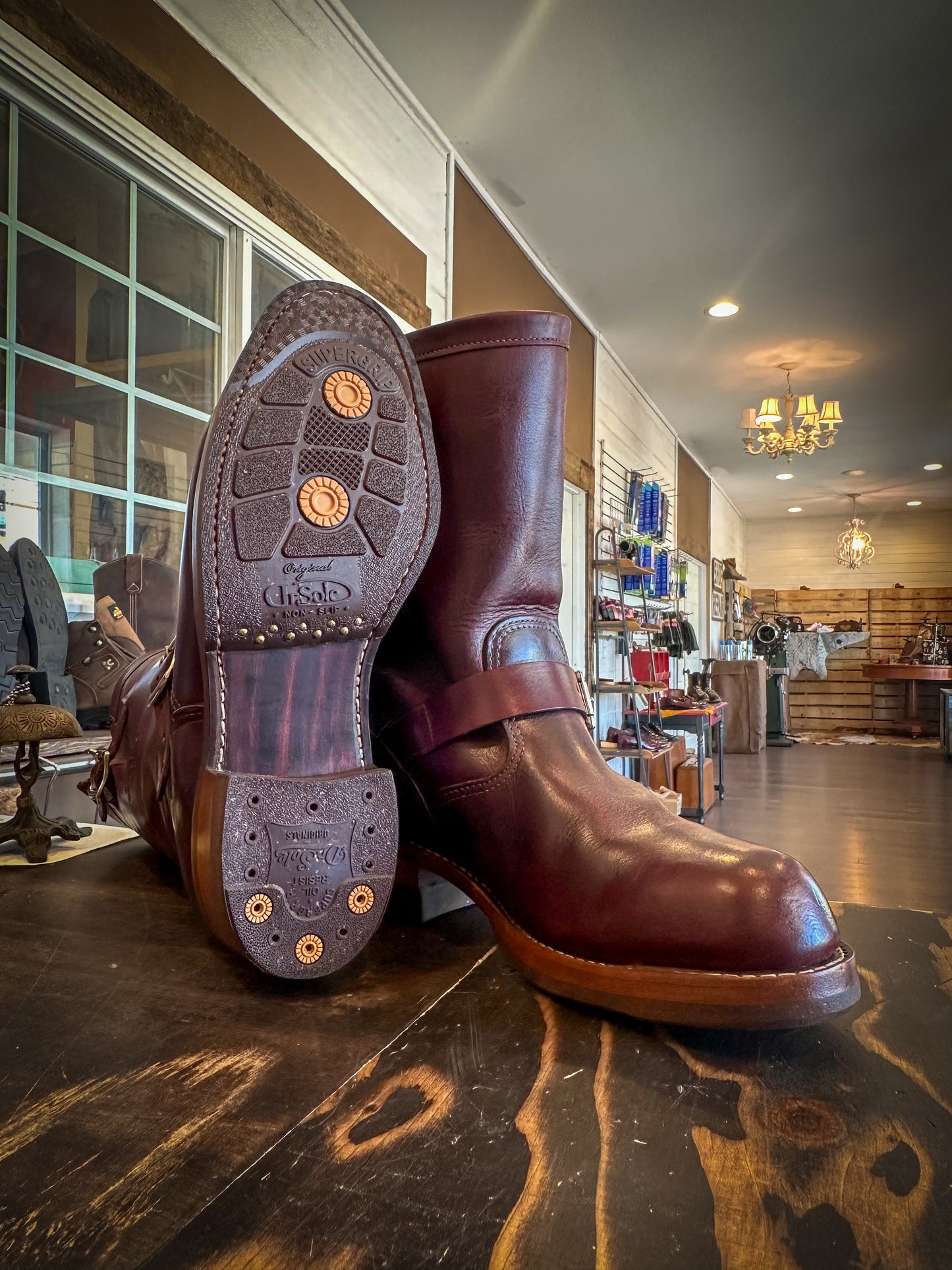 A pair of Chippewas Engineer Boots after being repaired with new Dr Sole Half Soles and Heels at The Boot Repair Shop 