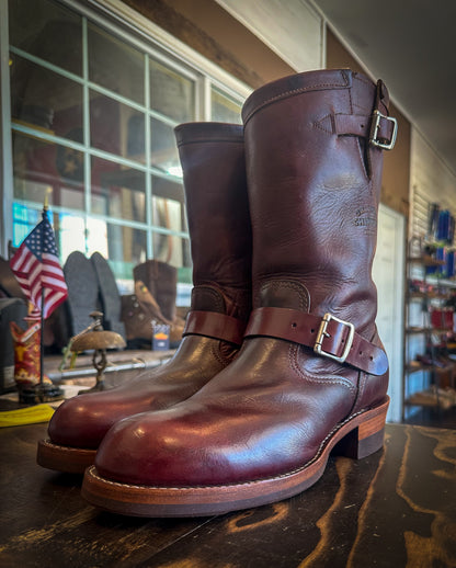 A pair of Chippewas Engineer Boots after being repaired with new Dr Sole Half Soles and Heels at The Boot Repair Shop 