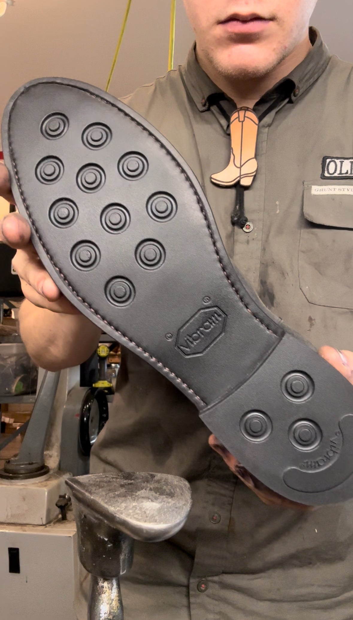 A pair of Thursday Boots after being repaired with new Vibram Eton Soles at the Thursday Boot Repair Center