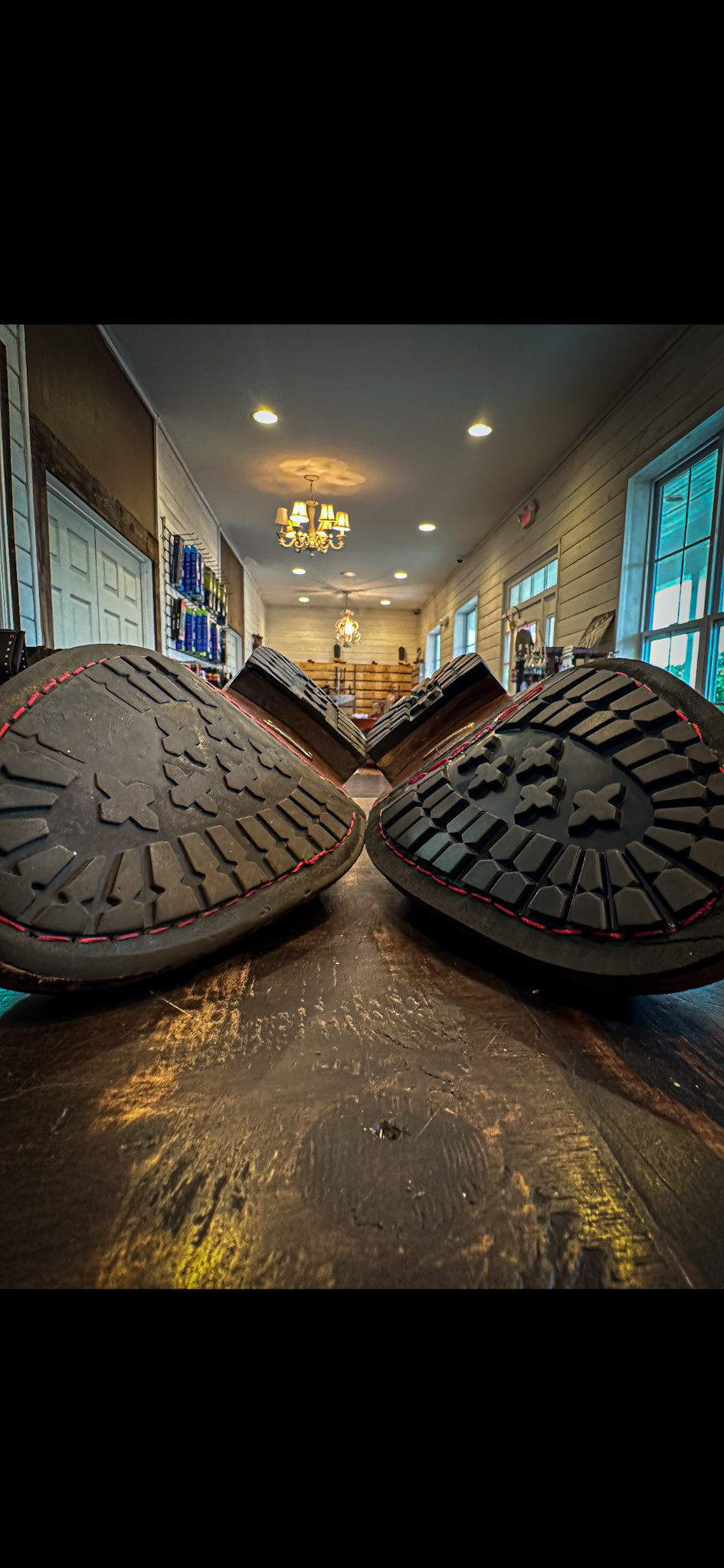 A pair of Dress shoes after being repaired with new Vibram Mini Lug Half soles at the boot repair center