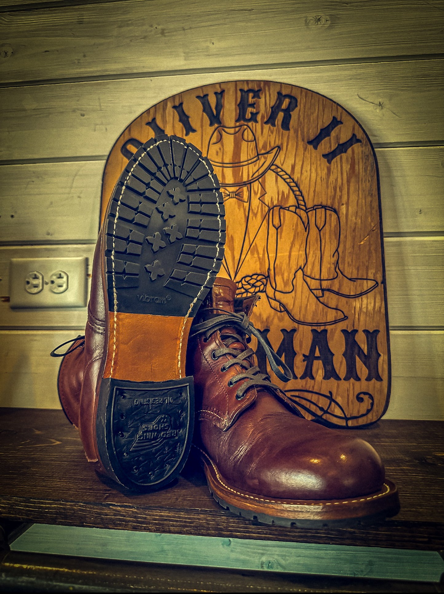 A pair of Redwing Boots after being repaired with Vibram Mini Lug Half Soles and Redwing Heels at the Boot Repair Shop