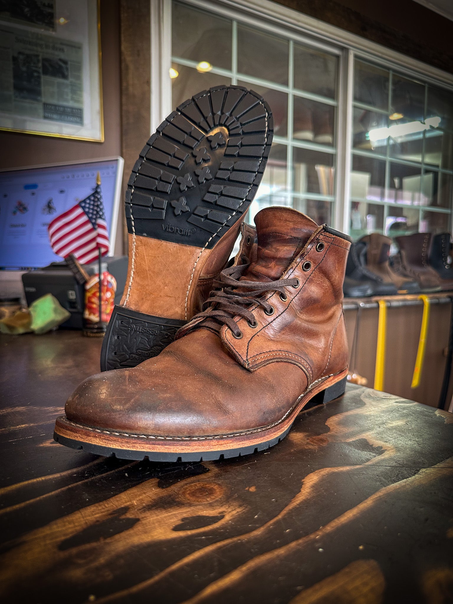 A pair of Redwing Boots after being repaired with Vibram Mini Lug Half Soles and Redwing Heels at the Boot Repair Shop