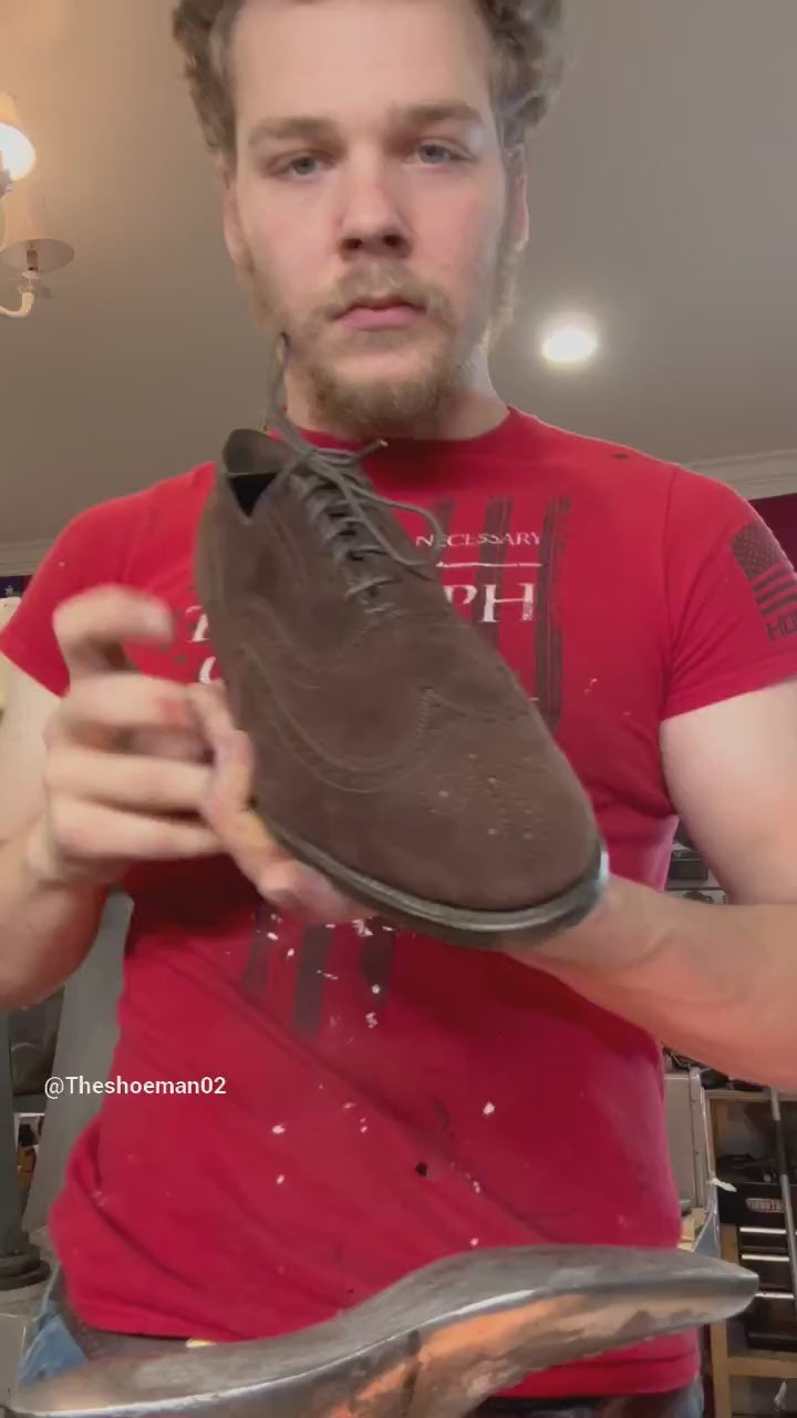 Load video: a pair of brown suede wingtip Allen Edmonds Dress shoes repaired with new Dr Sole Cream Full Soles and Heels at the dress shoe repair center