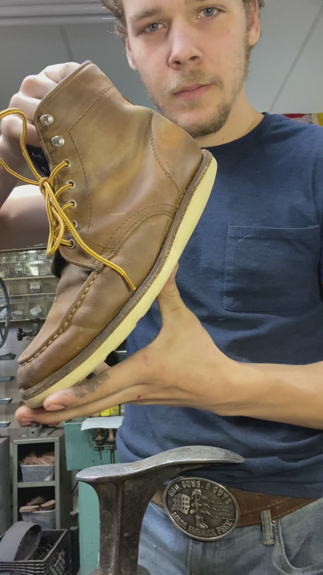 a pair of Thursday Boots being repaired with new Vibram Wedge soles at the boot repair center